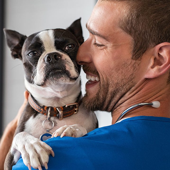 technician with happy boston terrrier